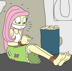 Size: 1000x980 | Tagged: safe, artist:bugssonicx, derpibooru import, fluttershy, human, equestria girls, ankle tied, barefoot, bondage, bound and gagged, bound wrists, cloth gag, emanata, feet, gag, rope, rope bondage, solo, tied up