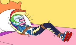 Size: 1500x891 | Tagged: source needed, safe, artist:bugssonicx, derpibooru import, rainbow dash, human, equestria girls, arm behind back, bed, bondage, bound and gagged, cloth gag, converse, dashsub, emanata, eyes closed, femsub, gag, lying down, on back, on bed, rope, rope bondage, shoes, solo, struggling, stuff gag, submissive, tied up