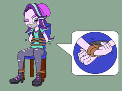 Size: 1300x969 | Tagged: source needed, safe, artist:bugssonicx, derpibooru import, starlight glimmer, human, equestria girls, arm behind back, bondage, bound and gagged, bound wrists, gag, nail file, rope, rope bondage, solo, tape, tape gag, tied to chair, tied up