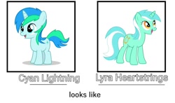 Size: 1080x634 | Tagged: safe, derpibooru import, edit, part of a set, lyra heartstrings, oc, oc only, oc:cyan lightning, pony, unicorn, colt, comparison, duo, duo male and female, female, foal, male, mare