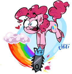 Size: 541x559 | Tagged: artist needed, safe, derpibooru import, pinkie pie, earth pony, pony, chainsaw, female, lesbian ponies with weapons, mare, rainbow, smiling