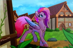 Size: 4447x2938 | Tagged: safe, artist:staceyld636, derpibooru import, oc, pegasus, pony, chest fluff, commission, complex background, dirt, female, freckles, grass, house, houses, lightning, mare, pegasus oc, rock, shading, sky, smiling, trotting, trotting in place