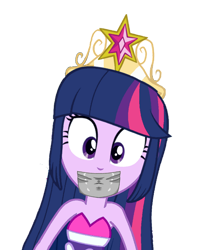 Size: 2484x3130 | Tagged: safe, artist:fireluigi29, derpibooru import, edit, twilight sparkle, alicorn, human, equestria girls, big crown thingy, element of magic, gag, jewelry, regalia, simple background, solo, tape, tape gag, transparent background