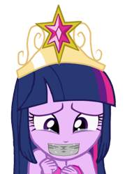 Size: 2110x2950 | Tagged: safe, derpibooru import, edit, twilight sparkle, alicorn, human, equestria girls, big crown thingy, element of magic, fall formal outfits, gag, jewelry, regalia, simple background, solo, tape, tape gag, transparent background