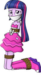 Size: 1034x1902 | Tagged: source needed, safe, artist:nivek15, derpibooru import, edit, twilight sparkle, human, equestria girls, background removed, bondage, cloth gag, fall formal outfits, female, gag, hands behind back, kneeling, rope, rope bondage, simple background, solo, tied up, transparent background