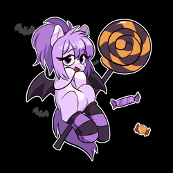 Size: 3080x3080 | Tagged: safe, artist:voicelessfreakk, derpibooru import, oc, oc only, oc:mio (higglytownhero), bat, earth pony, pony, bat wings, black background, blaze (coat marking), candy, clothes, coat markings, facial markings, female, floating, food, halloween, holiday, lollipop, mare, pale belly, raised hooves, simple background, smiling, socks, socks (coat marking), solo, wings