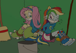 Size: 1200x840 | Tagged: safe, artist:bugssonicx, derpibooru import, fluttershy, rainbow dash, human, equestria girls, equestria girls (movie), ankle tied, arm behind back, bondage, bound and gagged, bound wrists, broom closet, cloth gag, crying, duo, emanata, gag, one eye closed, rope, rope bondage, sitting, teary eyes, tied up, wondercolts uniform