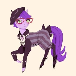 Size: 2048x2048 | Tagged: safe, artist:swollenbabyfat, derpibooru import, earth pony, pony, beret, bow, clothes, cloven hooves, glasses, green eyes, hat, pantyhose, purple coat, purple mane, raised hoof, raised leg, shoes, simple background, solo, standing, tail, tail bow, unknown pony, white background