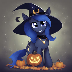 Size: 1024x1024 | Tagged: safe, ai content, derpibooru import, generator:stable diffusion, machine learning generated, princess luna, alicorn, g4, halloween, hat, holiday, jack-o-lantern, looking at you, prompter:sonah's, pumpkin, solo, uploader id:663731, witch hat