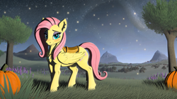 Size: 1920x1080 | Tagged: safe, ai content, derpibooru import, machine learning generated, fluttershy, firefly (insect), insect, pegasus, pony, ear piercing, eyeshadow, flower, grass, grass field, jewelry, lavender, makeup, mountain, necklace, night, piercing, prompter:saphkey, pumpkin, saddle, solo, stars, tack, the legend of zelda, the legend of zelda: breath of the wild, tree, wallpaper