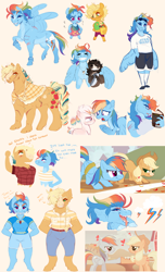 Size: 5010x8227 | Tagged: safe, artist:glorymoon, derpibooru import, applejack, rainbow dash, oc, oc:costal blast "shark", oc:relay, anthro, earth pony, pegasus, plantigrade anthro, pony, shark, unguligrade anthro, fall weather friends, alternate cutie mark, appledash, applerack, arm scar, armband, bite mark, blaze (coat marking), blush lines, blushing, braid, breasts, bucket, chest fluff, clothes, coach rainbow dash, coat markings, confused, denim, drool, ear fluff, ears, eyebrows, eyes closed, facial markings, facial scar, fangs, female, flapping, flower, flower in hair, flying, folded wings, freckles, glasses, gradient legs, grin, grulla overo, hand in pocket, heart, hoofbump, hug, inner tube, jeans, jewelry, lesbian, lidded eyes, looking at each other, looking at someone, looking at you, magical lesbian spawn, male, mother and child, mother and daughter, mother and son, necklace, offspring, pale belly, pants, parent and child, parent:applejack, parent:rainbow dash, parents:appledash, partially open wings, ponytail, pool toy, question mark, rainbow dashs coaching whistle, raised eyebrow, raised hoof, raised leg, reading glasses, running of the leaves, scar, scarred, shark tooth necklace, sharp teeth, shawl, shipping, shirt, shoes, short shirt, shorts, shoulder freckles, simple background, smiling, socks, spread wings, standing, star (coat marking), star wars, sunglasses, sunglasses on head, swimsuit, t-shirt, talking, teeth, tooth necklace, unsure, whistle, whistle necklace, white background, wing freckles, wing scar, winghug, wings, wings down