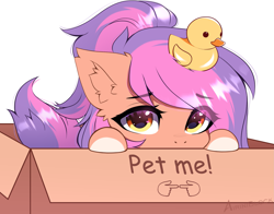 Size: 2773x2170 | Tagged: safe, alternate version, artist:airiniblock, derpibooru import, oc, oc only, oc:vesper, earth pony, pony, box, cardboard box, commission, ear fluff, ears, earth pony oc, fingers together, heart, heart eyes, looking at you, pet request, pony in a box, puppy dog eyes, simple background, solo, white background, wingding eyes, ych result, your character here