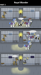 Size: 1920x3516 | Tagged: safe, artist:platinumdrop, derpibooru import, apple strudel, derpy hooves, earth pony, pegasus, pony, unicorn, comic:royal blunder, 3 panel comic, alternate universe, ankle cuffs, apple family member, armor, avoiding eye contact, ball and chain, bars, blood, bowl, chained, chains, clothes, comic, commission, crying, cuffed, cuffs, dialogue, door, dungeon, ears, ears back, elderly, female, floppy ears, folded wings, food, glowing, glowing horn, gruel, guard, hat, horn, indoors, jail, jail cell, magic, maid, male, mare, nosebleed, onomatopoeia, open mouth, pleading, prison, prison cell, prison outfit, prison stripes, prisoner, punishment, restraints, sad, shackles, sitting, sniffling, sound effects, spear, speech bubble, spider web, stallion, talking, telekinesis, torch, uniform, walking, wall of tags, weapon, window, wings, wings down