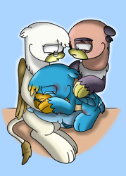 Size: 2339x3264 | Tagged: safe, artist:beesmeliss, derpibooru import, gallus, grampa gruff, griffon, chibi, gwyneth