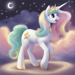 Size: 1024x1024 | Tagged: safe, ai content, derpibooru import, machine learning generated, princess celestia, unicorn, g4, alternate cutie mark, cloud, night, solo