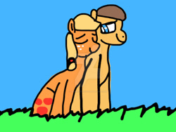 Size: 1920x1442 | Tagged: safe, artist:iamscar2017, derpibooru import, applejack, caramel, earth pony, pony, blue sky, carajack, deviantart watermark, duo, eyes closed, female, grass, looking at someone, male, mare, nuzzling, obtrusive watermark, shipping, smiling, stallion, straight, watermark