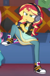 Size: 315x479 | Tagged: safe, derpibooru import, screencap, sunset shimmer, better together, equestria girls, game stream, converse, cropped, gamer sunset, headphones, shoes, solo focus, tongue, tongue out