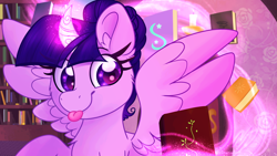 Size: 3840x2160 | Tagged: safe, artist:lbrcloud, derpibooru import, twilight sparkle, twilight sparkle (alicorn), alicorn, pony, book, bookshelf, commission, library, magic, magic aura, smiling, solo, tongue, tongue out