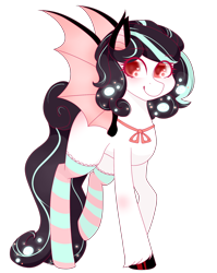 Size: 1720x2160 | Tagged: safe, artist:oniiponii, derpibooru import, oc, oc only, bat pony, pony, bat pony oc, bat wings, clothes, female, mare, simple background, smiling, socks, solo, striped socks, transparent background, unshorn fetlocks, wings