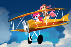 Size: 1240x813 | Tagged: safe, artist:solid shrimp, derpibooru import, fluttershy, pinkie pie, earth pony, pegasus, pony, biplane, female, flying, mare, pinktober, plane, sky, smiling