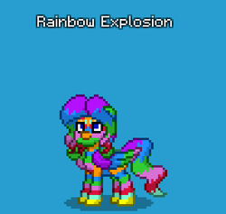 Size: 296x281 | Tagged: safe, derpibooru import, oc, oc only, oc:rainbow explosion, pegasus, pony, blue background, female, large wings, mare, multicolored hair, pegasus oc, pony town, rainbow hair, rainbow pony, rainbow skin, rainbow tail, simple background, solo, tail, wings