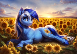 Size: 2176x1536 | Tagged: safe, ai content, machine learning generated, minuette, pony, unicorn, alternate cutie mark, beautiful, female, flower, fluffy, looking at you, lying on the ground, mare, prone, smiling, smiling at you, solo, sunflower, unshorn fetlocks, wrong cutie mark