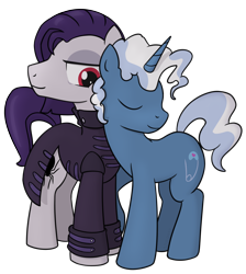 Size: 2086x2330 | Tagged: safe, artist:superderpybot, derpibooru import, funnel web, pokey pierce, earth pony, unicorn, affection, clothes, eyes closed, gay, goth, happy, jacket, male, male only, simple background, snuggling, standing, transparent background