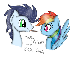 Size: 900x720 | Tagged: safe, artist:dasher666, artist:rainbowdash212, derpibooru import, edit, rainbow dash, soarin', pegasus, pony, female, food, male, mare, pocky, shipping, soarindash, stallion, straight