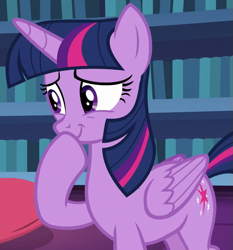 Size: 651x699 | Tagged: safe, derpibooru import, screencap, twilight sparkle, twilight sparkle (alicorn), alicorn, pony, father knows beast, season 8, spoiler:s08, amused, bookshelf, cropped, cute, female, folded wings, hoof over mouth, mare, purple eyes, smiling, twiabetes, wings