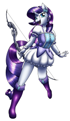 Size: 596x1029 | Tagged: safe, artist:weirdofish, derpibooru import, rarity, anthro, unicorn, 2014, boots, bow (weapon), clothes, commission, cosplay, costume, dress, gloves, madoka kaname, magical girl, old art, puella magi madoka magica, shoes, simple background, solo, white background