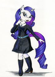 Size: 857x1200 | Tagged: safe, artist:nethilia, derpibooru import, rarity, anthro, unicorn, 2011, boots, clothes, dress, ear piercing, earring, jewelry, lidded eyes, lipstick, looking at you, old art, piercing, ring, shoes, smiling, solo, traditional art