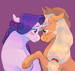 Size: 1700x1600 | Tagged: safe, artist:abbytabbys, derpibooru import, applejack, rarity, earth pony, pony, unicorn, applejack's hat, blushing, clothes, cowboy hat, ears back, female, hair tie, hat, lesbian, looking at each other, looking at someone, rarijack, shipping