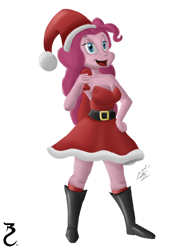 Size: 828x1071 | Tagged: safe, artist:artfreak5, derpibooru import, pinkie pie, human, equestria girls, boots, christmas, clothes, costume, dress, holiday, open mouth, open smile, santa costume, shoes, simple background, smiling, solo, transparent background