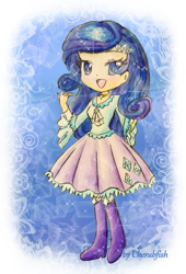 Size: 600x882 | Tagged: safe, artist:cherubfish, derpibooru import, rarity, human, equestria girls, boots, clothes, dress, high heel boots, open mouth, open smile, shoes, smiling, solo