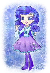 Size: 600x880 | Tagged: safe, alternate version, artist:cherubfish, derpibooru import, rarity, human, equestria girls, boots, clothes, digital art, dress, high heel boots, open mouth, open smile, shoes, smiling, solo