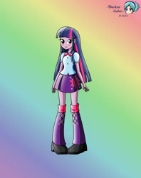 Size: 828x1043 | Tagged: safe, artist:darkengales, derpibooru import, twilight sparkle, human, equestria girls, clothes, gradient background, rainbow background, shirt, shoes, skirt, solo