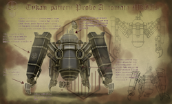 Size: 4200x2550 | Tagged: safe, artist:amalgamzaku, derpibooru import, robot, fanfic:iron hearts, chaos, chaos space marine, drone, fanfic art, iron warriors, mechanical, no pony, not pony related, radar, schematic, sensors, space marine, text, warhammer (game), warhammer 40k