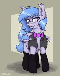 Size: 2062x2597 | Tagged: safe, artist:reddthebat, derpibooru import, oc, oc only, oc:lucky roll, bat pony, pony, bat pony oc, bowtie, clothes, female, lidded eyes, looking at you, mare, smiling, smiling at you, solo, stockings, thigh highs