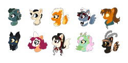 Size: 2030x1010 | Tagged: safe, artist:nostalgicfixations, derpibooru import, oc, oc only, earth pony, pegasus, pony, undead, unicorn, vampire, vampony, antennae, base used, black sclera, bowtie, bust, clothes, clown makeup, colored sclera, ear piercing, earring, frankenpony, halloween ponies, hat, hoodie, jewelry, piercing, simple background, transparent background, yellow sclera