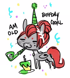 Size: 2049x2273 | Tagged: safe, artist:opalacorn, derpibooru import, oc, oc only, oc:void, pegasus, pony, beanbrows, birthday cake, cake, eyebrows, female, food, hat, laurel, mare, mole, nose piercing, nose ring, party hat, party horn, piercing, simple background, solo, white background