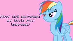 Size: 1920x1080 | Tagged: safe, artist:andoanimalia, derpibooru import, edit, editor:jaredking779, rainbow dash, pegasus, pony, female, folded wings, mare, mlp fim's thirteenth anniversary, pink background, simple background, smiling, solo, wings