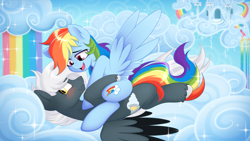 Size: 1920x1080 | Tagged: safe, artist:ynery, derpibooru import, rainbow dash, oc, oc:tempest streamrider, pegasus, pony, background, cloud, duo, female, looking at someone, lying down, male, on top, pegasus oc, rainbow, stallion, streamdash