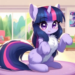 Size: 1024x1024 | Tagged: safe, ai content, derpibooru import, machine learning generated, twilight sparkle, cat, cat pony, original species, pony, behaving like a cat, catified, chest fluff, fluffy, pony hybrid, solo, species swap, twilight cat