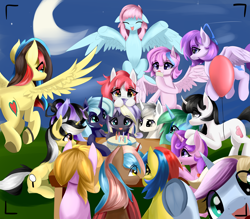 Size: 8000x7000 | Tagged: safe, artist:rainenight, derpibooru import, oc, oc only, oc:candlelight warmth, oc:car, oc:cheetah speed, oc:fancy galaxy, oc:fluoresoence, oc:glow dawm, oc:moonlight flower, oc:red cloud, oc:windy, alicorn, bat pony, earth pony, pegasus, pony, unicorn, moonlight, oc：fuzzy cyclone, party