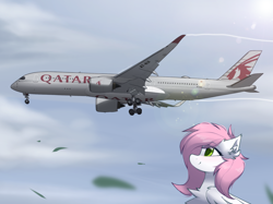 Size: 1844x1376 | Tagged: safe, artist:coarfdraw, derpibooru import, oc, oc only, oc:sugar morning, pegasus, pony, airbus, airbus a350, chest fluff, cloud, ear fluff, ears, flying, green eyes, happy, jet engine, looking up, plane, qatar, qatar airways, smiling