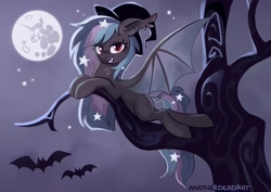 Size: 2048x1447 | Tagged: safe, artist:anotherdeadrat, derpibooru import, oc, oc only, oc:stellar wind, bat, bat pony, bat ears, bat pony oc, bat wings, ethereal mane, full moon, hat, looking at you, moon, night, night sky, sky, smiling, smirk, spread wings, starry mane, tree, wings, witch hat