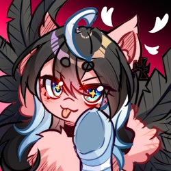 Size: 1140x1140 | Tagged: safe, artist:alus, derpibooru import, oc, oc only, pony, unicorn, :3, >:3, ahoge, blushing, chest fluff, clothes, colored wings, colored wingtips, ear fluff, ears, female, heart, horn, looking at you, mare, pointing at you, smiling, smiling at you, socks, solo, spread wings, striped socks, tongue, tongue out, two toned wings, unicorn oc, wings