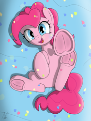 Size: 3000x4000 | Tagged: safe, artist:noomeralf, derpibooru import, pinkie pie, earth pony, pony, confetti, female, frog (hoof), hooves, looking at you, lying down, mare, on back, open mouth, open smile, reaching, smiling, underhoof