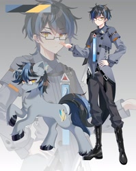 Size: 1627x2048 | Tagged: safe, artist:alus, derpibooru import, oc, oc only, human, unicorn, anime style, boots, clothes, glasses, gradient background, horn, humanized, humanized oc, male, self paradox, self ponidox, shoes, solo, stallion, unicorn oc, zoom layer