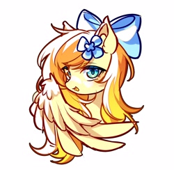 Size: 2100x2100 | Tagged: safe, artist:alus, derpibooru import, oc, oc only, oc:mercy snow, pegasus, pony, bow, cute, cute little fangs, fangs, female, flower, flower in hair, hair bow, high res, mare, pegasus oc, simple background, solo, white background